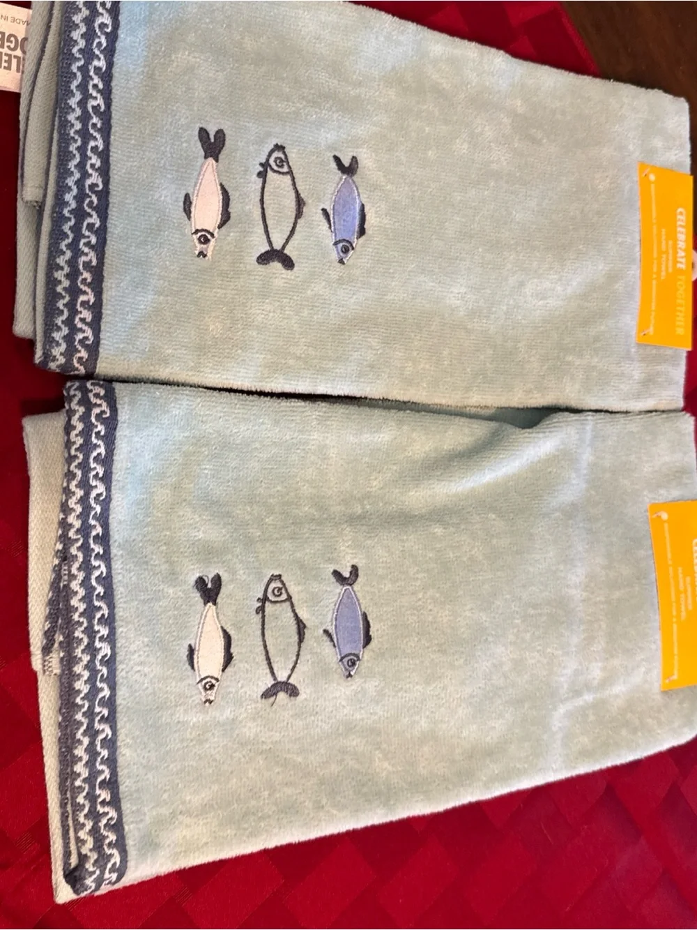 Set of 2 Light Seafoam Green Fish Embroidered Kitchen Towels